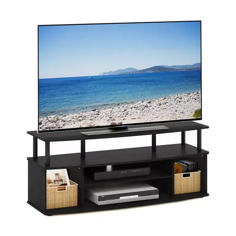 Furinno Modern TV Cabinet Large Entertainment Center Hold up to 55 TV with Open Storage Shelves Blackwood
