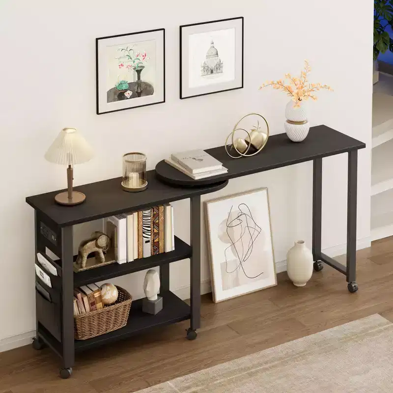 360 Rotating Side Table with Charging Station&Storage Bag,Swivel Mobile Sofa Table with 6 Lockable Wheels, Movable End Table for Bedroom&Living Room