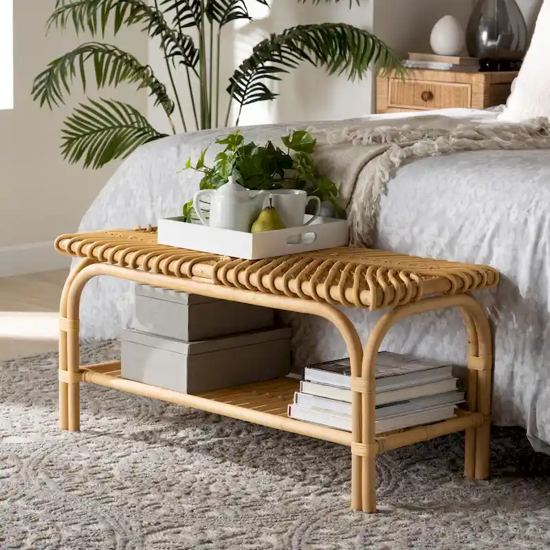 Himari Modern Bohemian Natural Brown Rattan Accent Bench