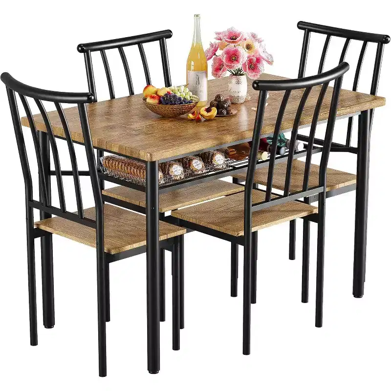 Coolmee 5-Piece Rustic Dining Set - Table & Chairs for 4 with Storage Rack