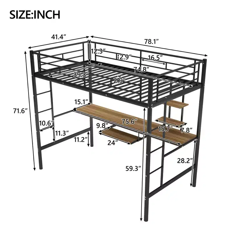 Metal Loft Bed with Built-in Desk and Storage Shelf,High Loft Bed with Keyboard Tray for Kids Boys Girls Teens