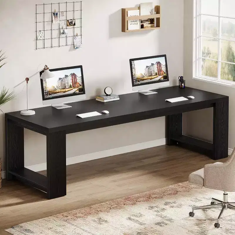 Lantine Two Person Desk, 86.6 Inch Extra Long Desk, Double Computer Writing Table, Wood Office Desks Workstation for Home Office, Black