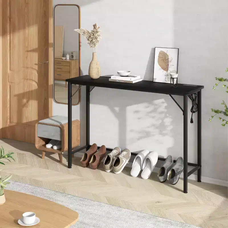 DobleePy 39.4-Inch Black Console Table with Charging Station, Slim Entryway Table with Metal Legs for Hallway, Sofa Back, Apartment