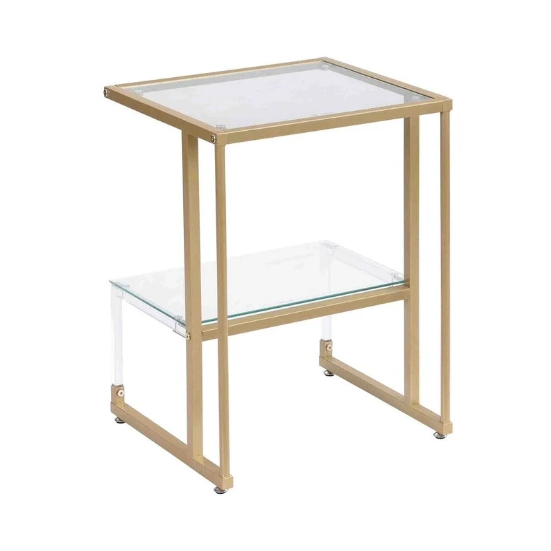 2-Tier End Table with Tempered Glass Shelves & Geometric Metal Frame