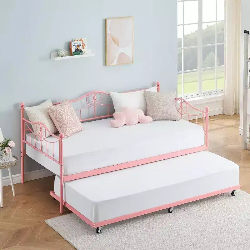 Acekool Twin Metal Daybed with Trundle, Heavy Duty Steel Slats, Headboard, Underbed Storage, Easy Assembly  White