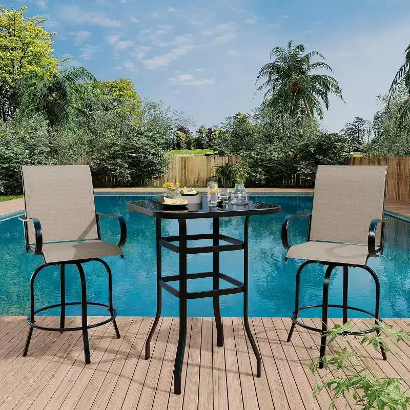 Counter Height Garden Bar Stools Set of 2, 360 Swivel Outdoor Patio Chairs with Armrests & High Back, Breathable Textilene Mesh Bar Seating for Deck