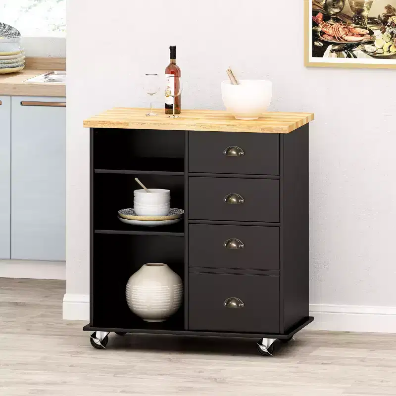 Okak Kitchen Island Table with Storage, Kitchen Island On Wheels with Worktop, Cabinet and Drawers, Kitchen Cart for Kitchen, Dining Room