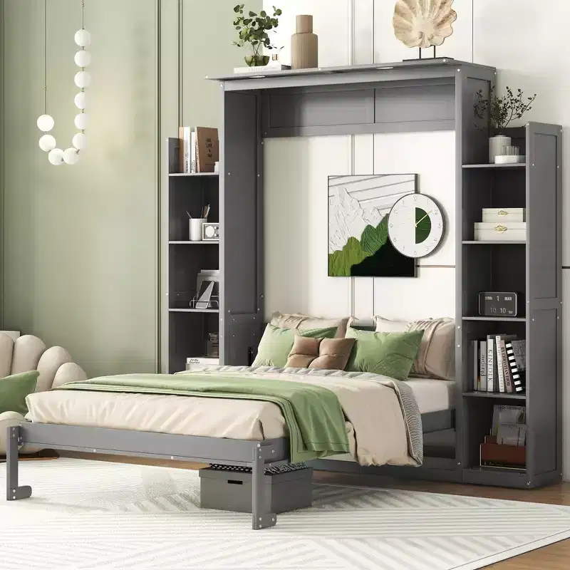 Full/Queen Size Murphy Bed/Wall Bed with Shelves and LED Lights 4A