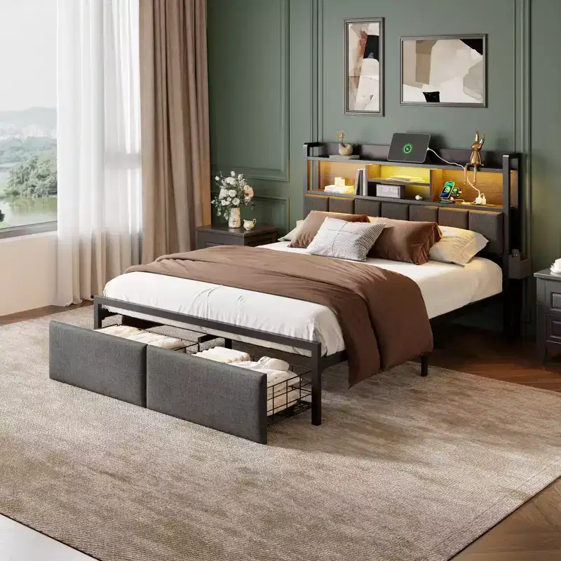 Full Size Platform Bed Frame With Storage Drawers LED Lights Charging Station Upholstered Headboard Shelf Metal Support No Box Spring Needed Teen