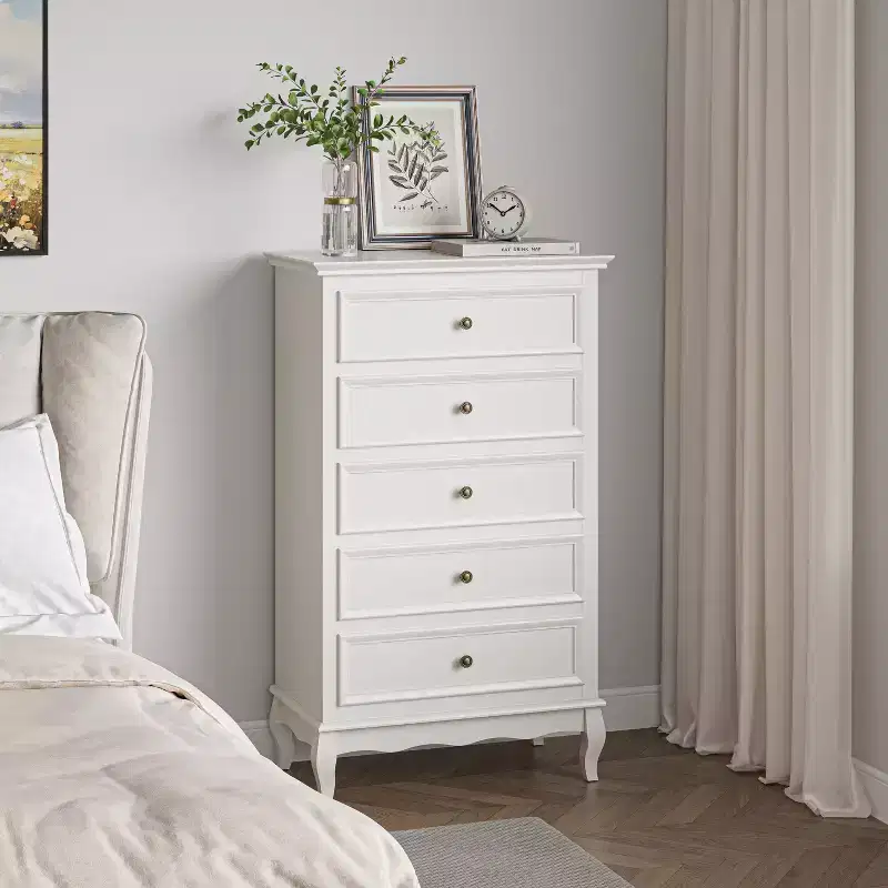 Modern 5 Drawer Dresser with Solid Wood Legs and Painted Finish, Ideal for Bedroom, Living Room, Nursery, Hallway, Entryway