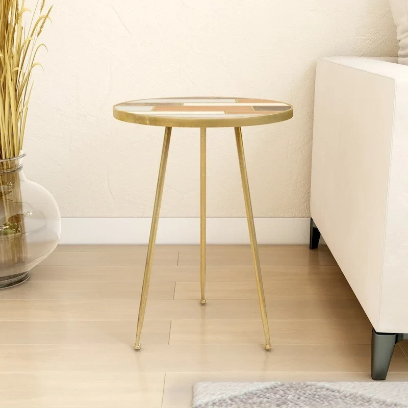 Gold Round Accent Table, Wood & Metal Top, 22