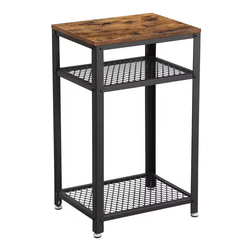 VASAGLE 3-Tier Tall Side Table, Small Telephone End Table Stand with 2 Mesh Storage Shelves, Kitchen Cart, Rustic Brown and Black