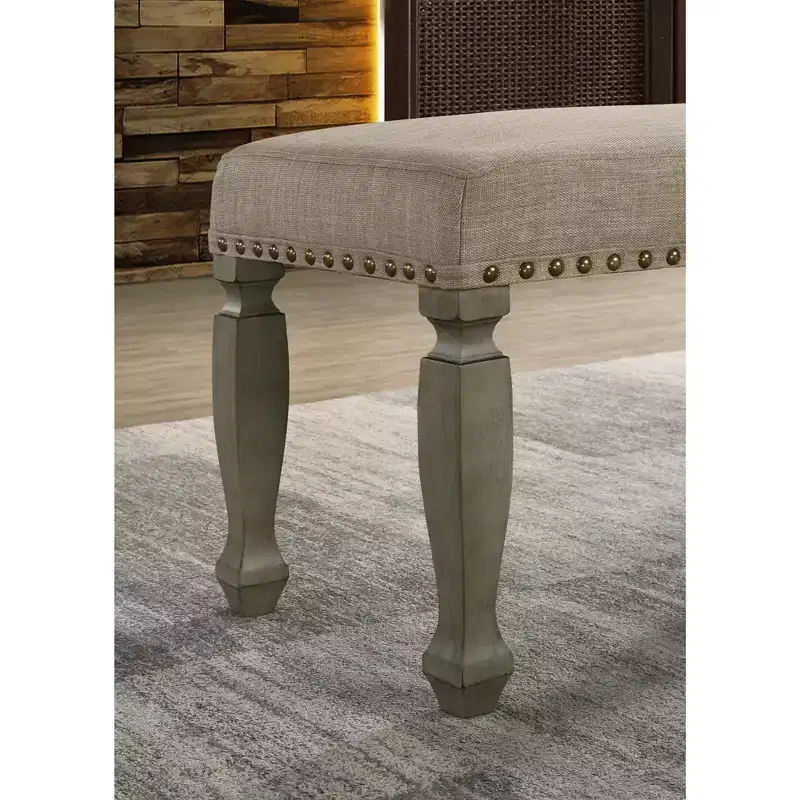 Breda Finish Upholstered Nailhead Bench, Antique Gray