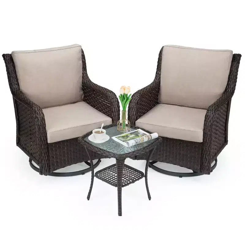 3 Pcs Outdoor Wicker Rattan Swivel Rocking Chair Set, 360-Degree Swivel Rocking Chair, Armored Glass Side Table for Backyard, Porch, Balcony, Garden