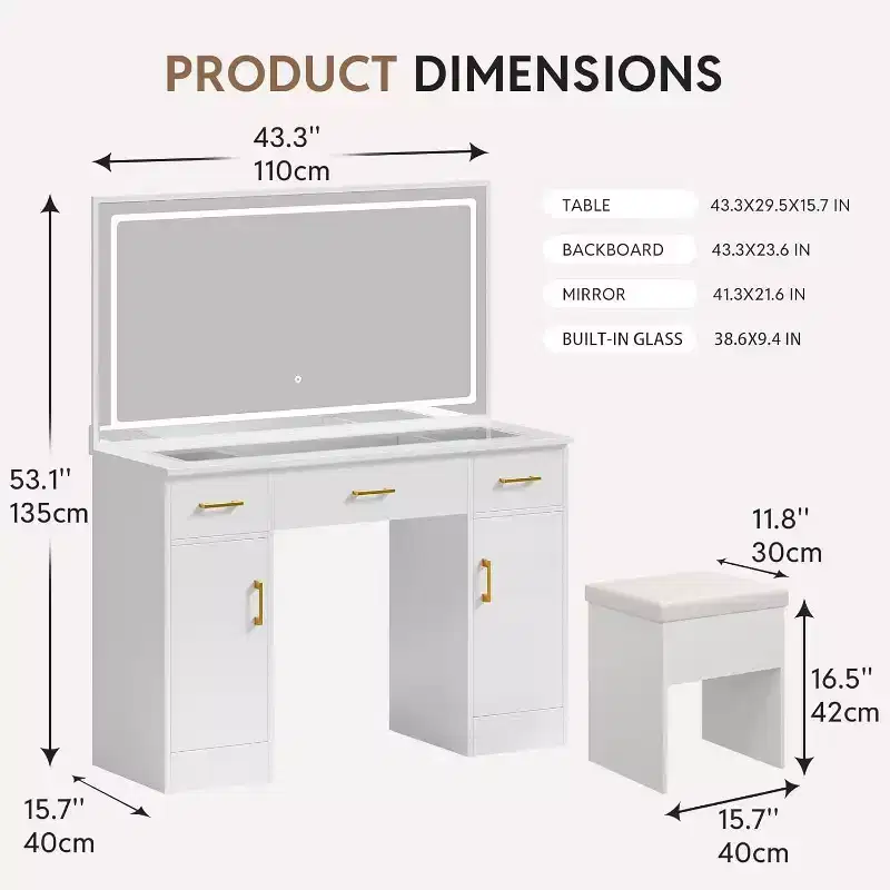 WAYES 43.3 Clear Glass Top Makeup Vanity Desk Set with LED Mirror, Charging Station, and Storage Stool - Modern White