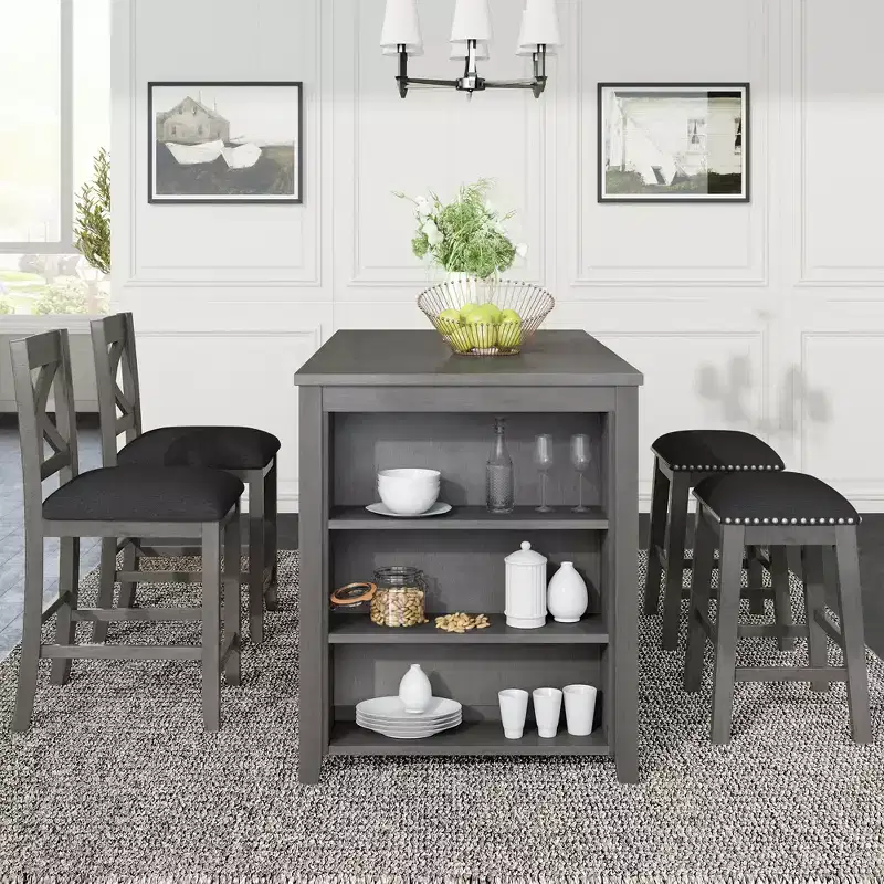 Counter Height Dining Table Set for 4, Wood Bar Table with Storage shelf and 2 stools & 2 Chairs for Small Places