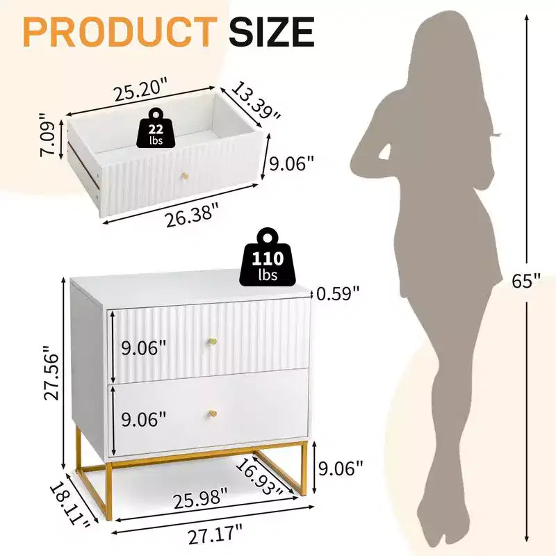 Karl Home White P2 MDF Nightstand Grid Flat 2 Drawers 27.6 Inch