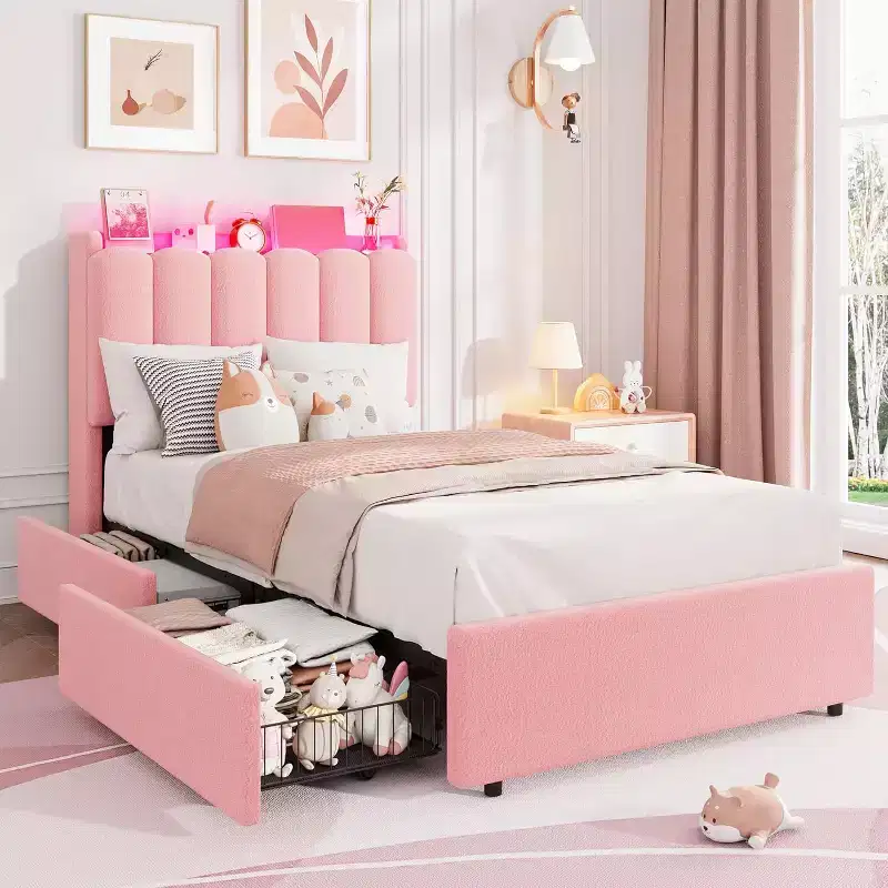 Twin Bed Frame with Storage Headboard, Boucle Upholstered Platform Bed with 2 Drawers, No Box Spring Needed