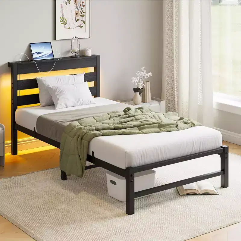 Black Heavy Duty LED Platform Bed Frame with Headboard & USB Charging Station