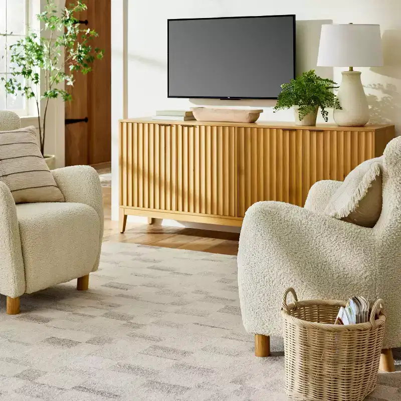 Thousand Oak Wood Scalloped TV Stand for TVs up to 70" Brown - Threshold™ designed with Studio McGee