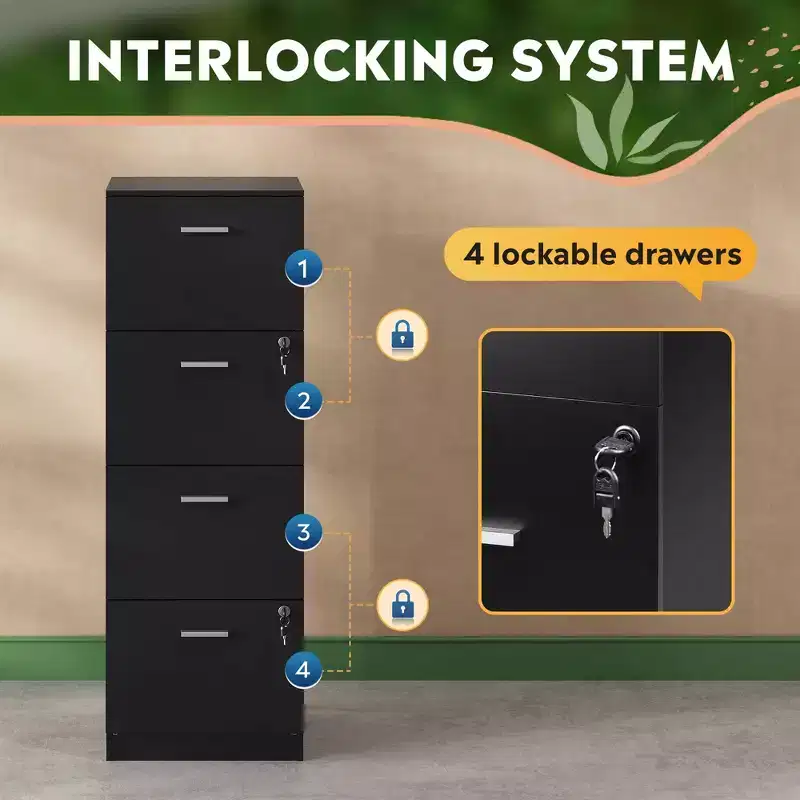 DEXYLLO 4-Drawer Vertical File Cabinet with Lock - Wood Storage Organizer for Home Office, Fits A4/Letter Size Files