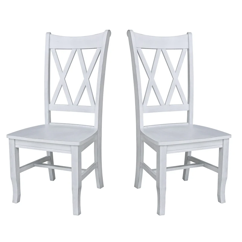 Antiqued Chalk / White / Black Double X-Back Solid Wood Dining Chairs – Set of 2