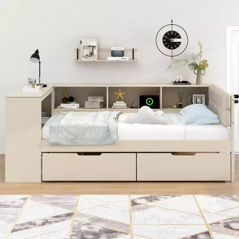 Letto a piattaforma Twin/Full Size con ripiani, cassetti, stazione di ricarica, testiera imbottita e scrivania, crema/grigio