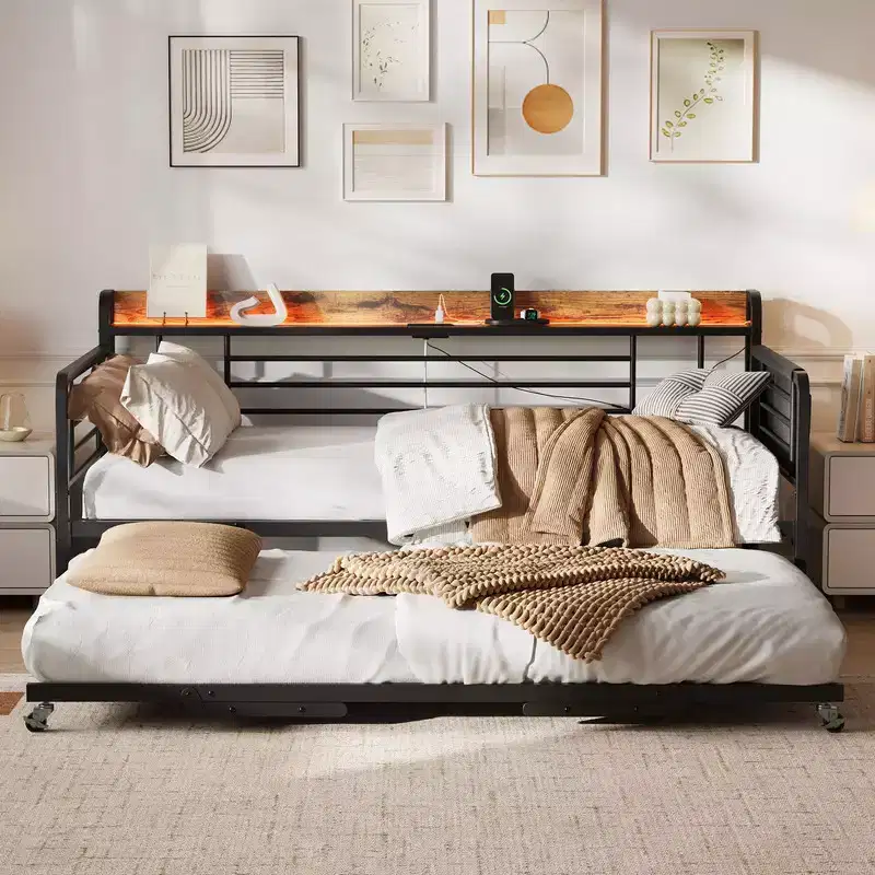 Twin Daybed with Trundle, Storage Headboard + Charging Station & Extra Storage Bags, Sturdy Sofa Bed for Living Room Guest Room