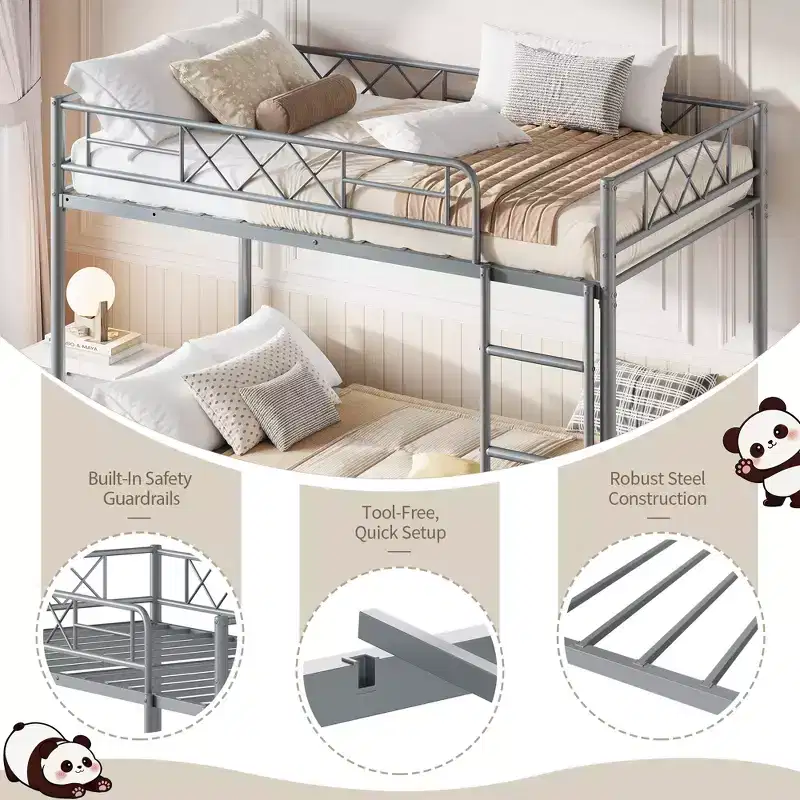 Bunk Bed Twin Over Twin with Extra High Guardrail, Heavy Duty Metal Frame & Sturdy Slats, No Box Spring Needed