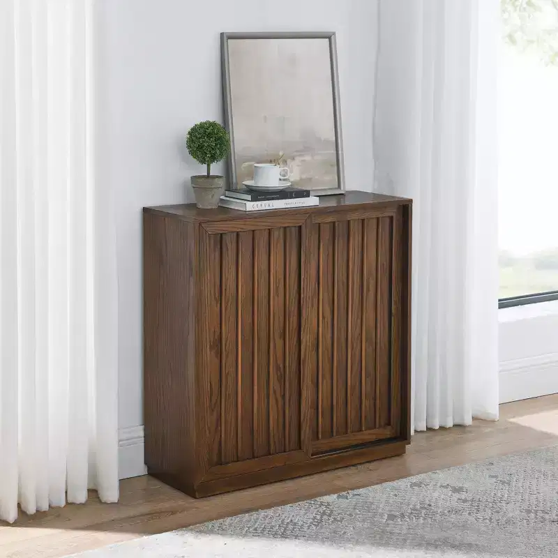 31-Inch Medieval-Style Sideboard with Two Sliding Doors and Solid Wood Trim, Suitable for Living Rooms and Kitchens, Walnut Finish