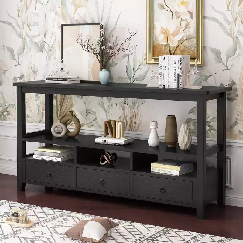 Black 57.8in 4-layer 3-drawer 3-compartment MDF Entry Table