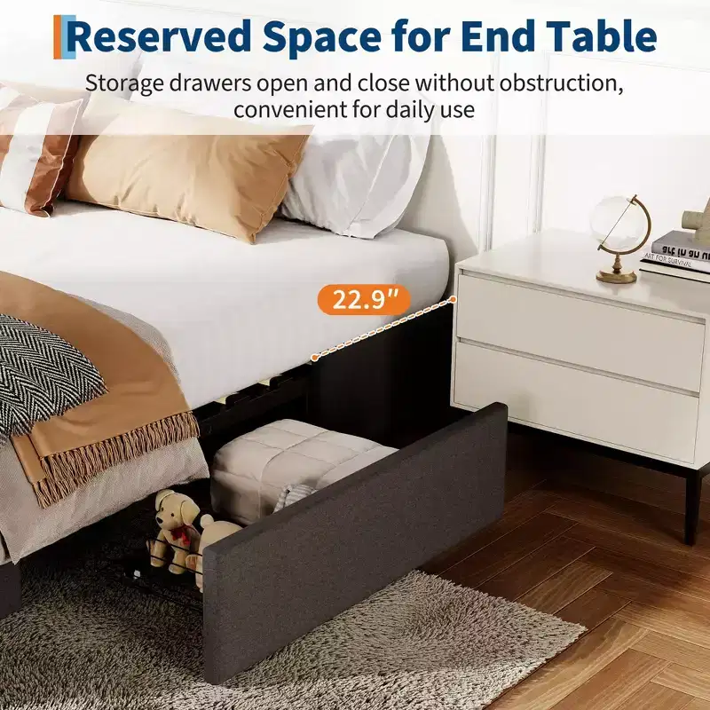 1 Wood Board + Linen Soft Pack Bed Frame with No Headboard and 3 Drawers, Wood Bed Frame