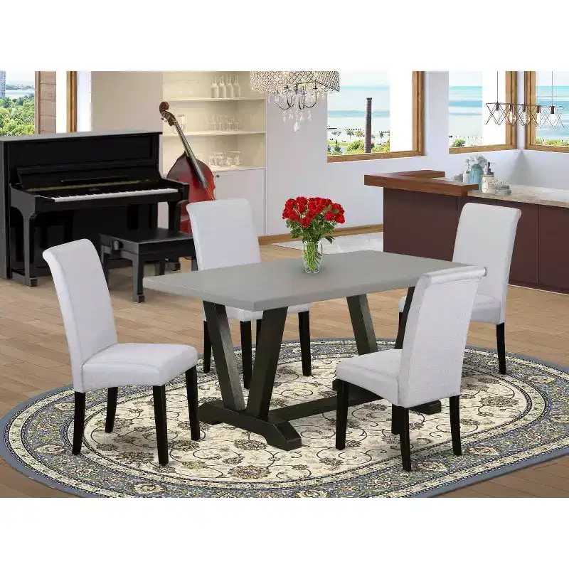 HomeStock 5-Pc Rectangle Natural Oak Finish Solid Wood Top Dining Table with 4 Parson Chair