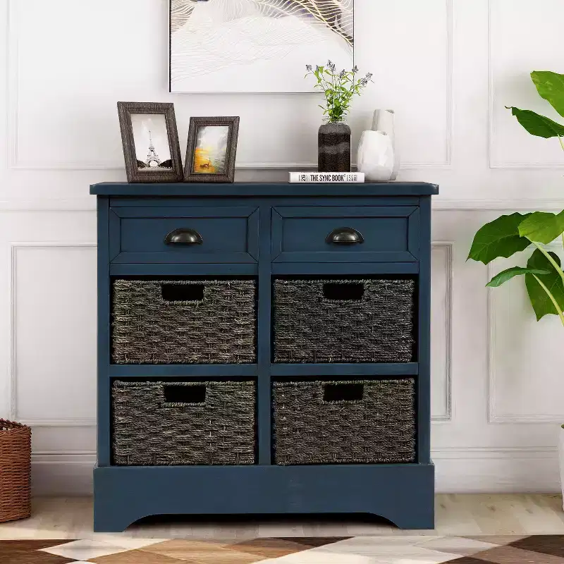Solid Wood Storage Cabinet with Drawers and Rattan Baskets