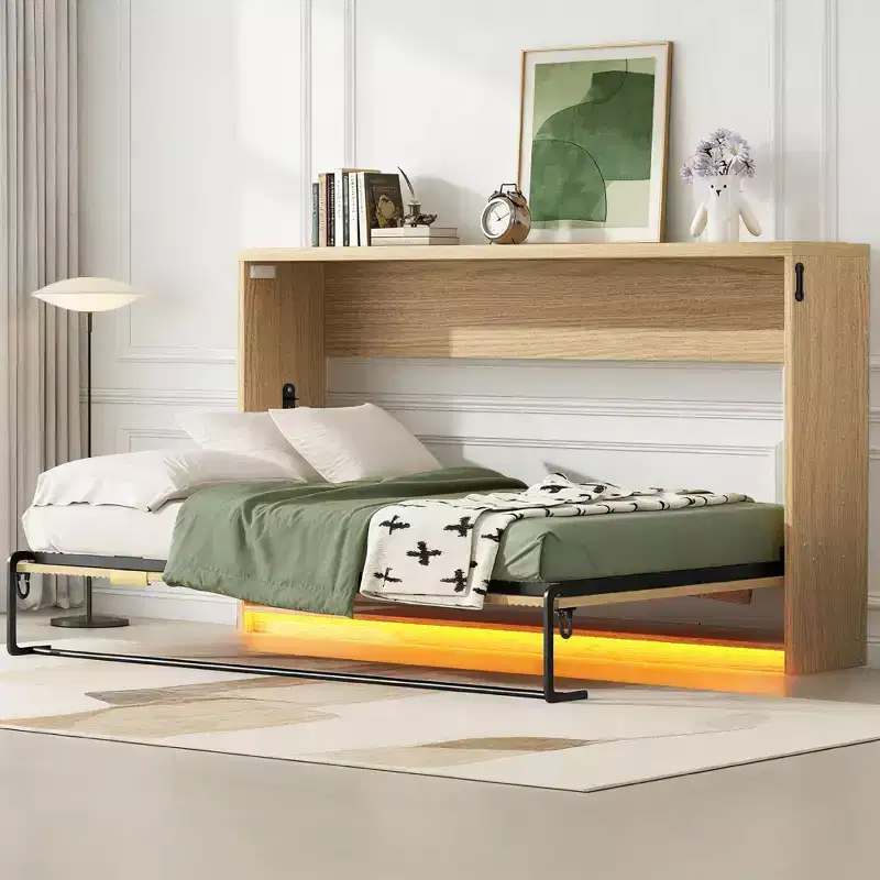 Size Cabinet-style Murphy Bed with LED Light for Living Room and Apartment, Nature