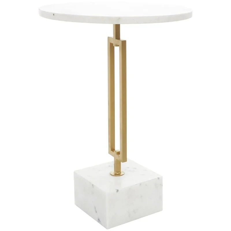 Marble Geometric Side End Accent Table with Gold Metal Rectangular Stand - White