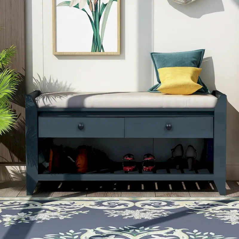 39 Solid Wood Shoe Rack with Cushioned Seat & Drawers, Multipurpose Storage Bench Entryway Ottoman for Living Room,Hallway