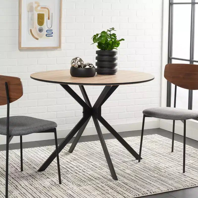 Round Mid-Century Bistro Dining Table, Natural Wood Top & Black Base, Seats 2