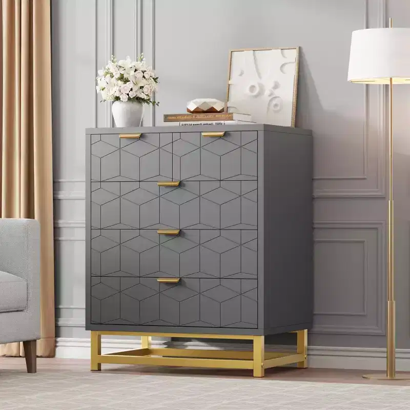 Grey 5-Drawer Dresser with Metal Base - Modern Chest of Drawers for Bedroom, Living Room & Closet Organization