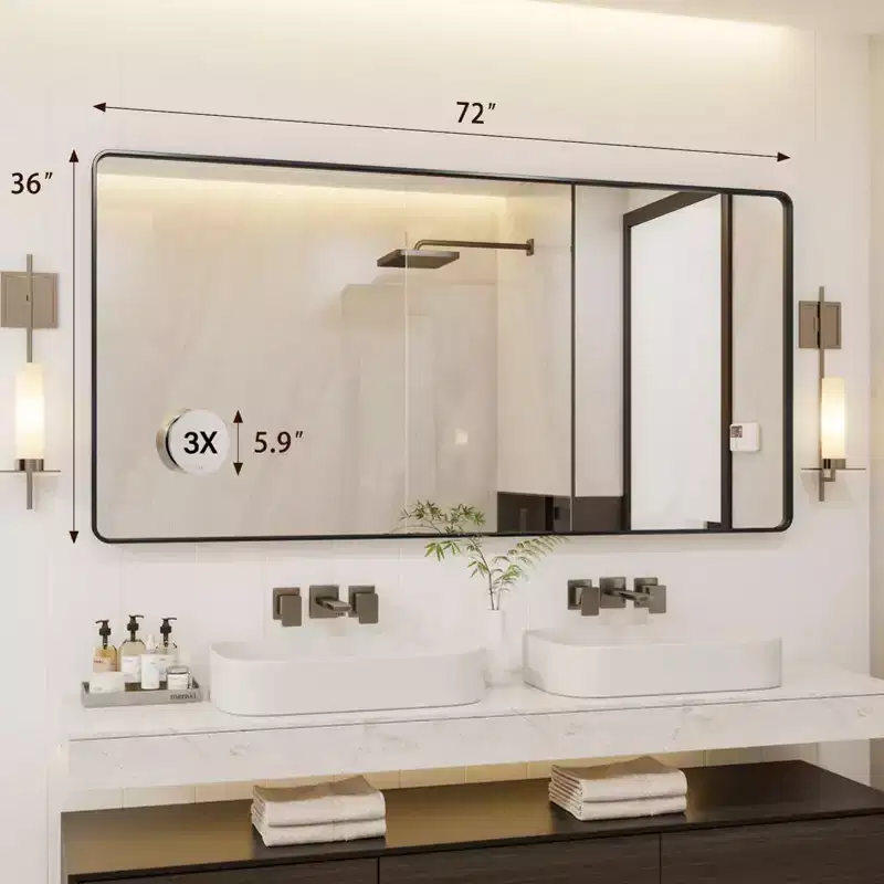Black Metal Framed Bathroom Mirror, Rounded Rectangle Wall Mirror for Vanity, Horizontal/Vertical