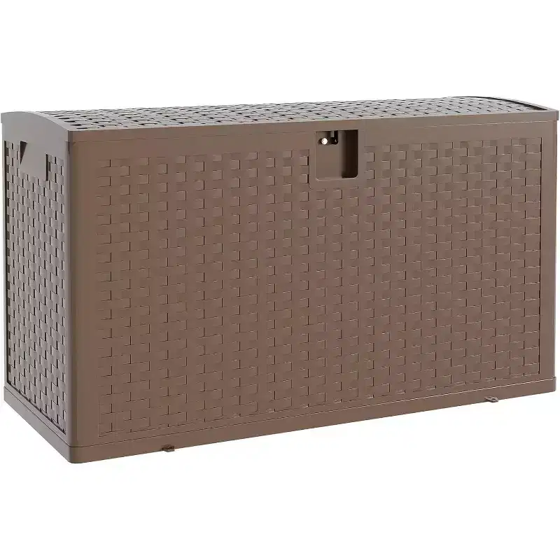 99-Gallon Rattan Pattern Plastic Deck Box with Seat Function – Brown