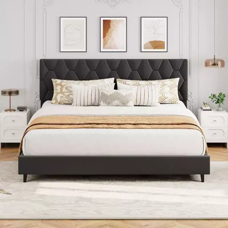 Pink King Bed Frame with Upholstered Headboard, Heavy-Duty Platform Bed Frame with Strong Wood Slats, No Box Spring Needed/Noise Free/Easy Assembly