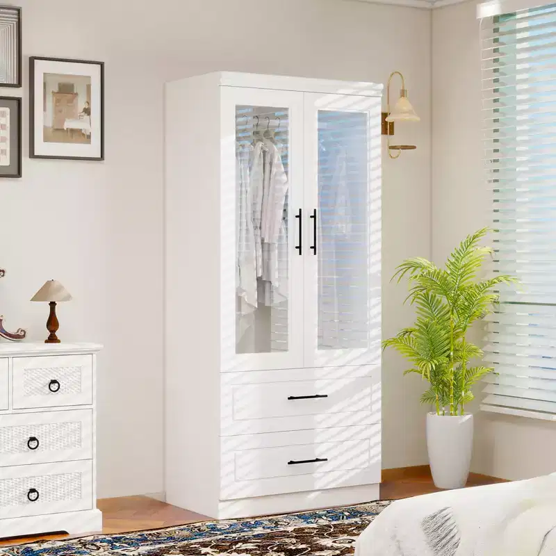 Keloyid White Wood 31.5 in. Armoire with 2 Drawers and 1 Shelves