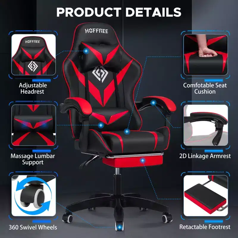 Hoffree Kids Massage Gaming Chair Ergonomic Office PC Chair with Footrest & Adjustable