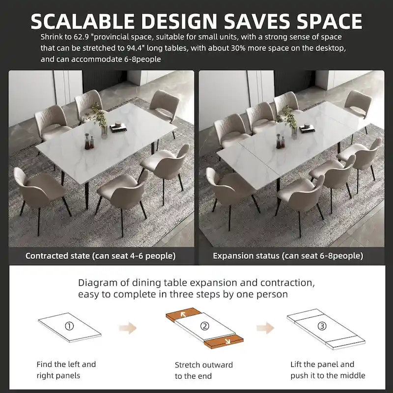 5 Piece 62.9 inch to 94.4 inch Extendable Dining Table Set with Sintered Stone Top 4 Chairs