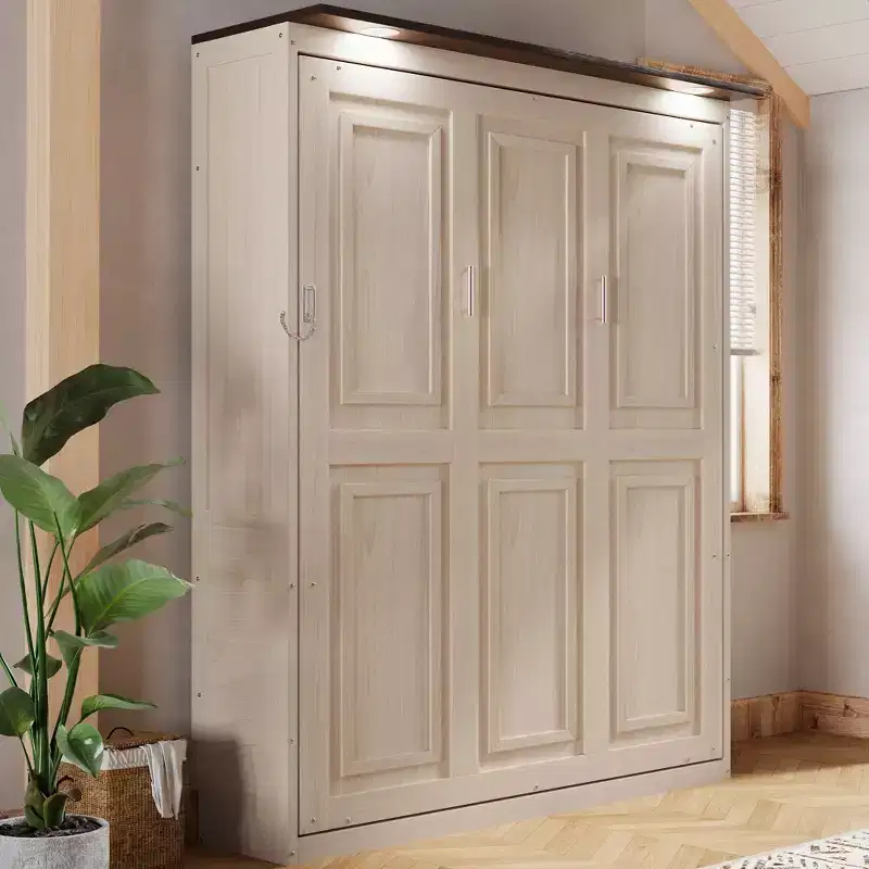 Queen Size Murphy Bed, Wooden Queen Cabinet Bed Wall Bed with LED Light, Folding Wall Chest Bed with for Guest Room, Beige
