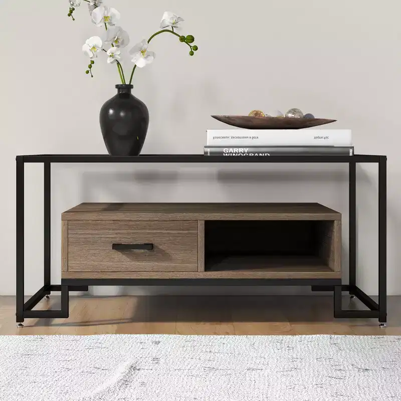 Coffee Table Tempered Glass, Center Table with 2 Drawers and Storage Shelf, Vintage Glass Top Accent Table for Home Living Room, Apartment, Office