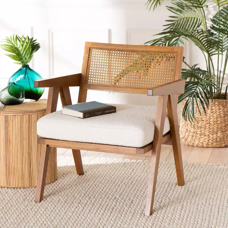 Jetsam Boucle Fabric and Wood Arm Chair Cream/Walnut Brown: Upholstered Accent Furniture