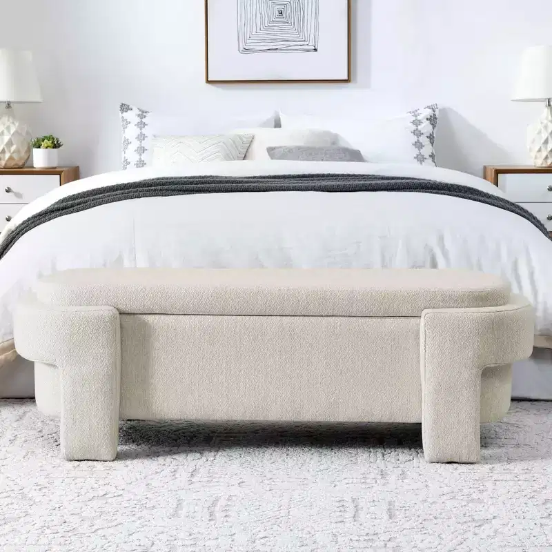 Linen Upholstered Storage Bench with Carved Wood Legs & Hidden Compartment, 51.5