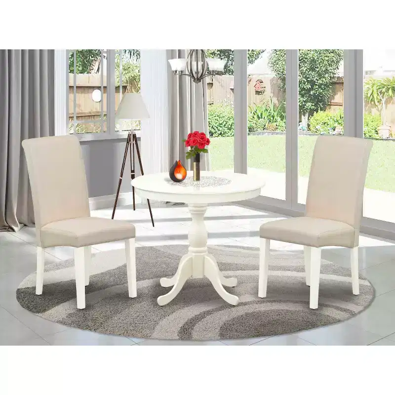 HomeStock 3-Piece Linen White Finish Solid Wood Top - Dining Room Set with High Back - Seats 4
